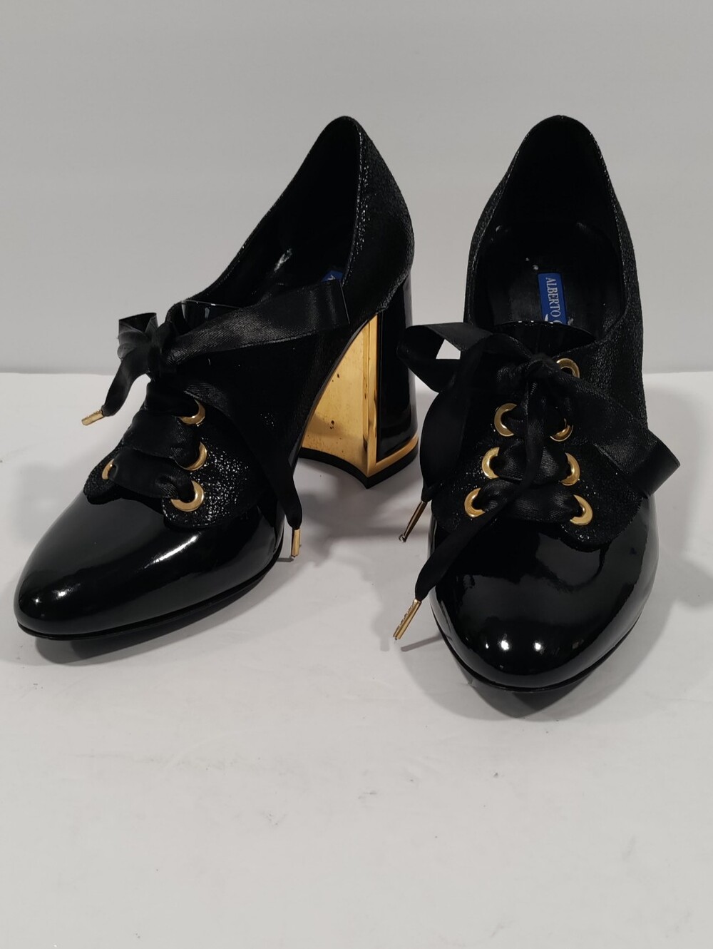 Alberto Fermani Black Patent & Gold Block Heel Lace-Up Pumps Size 36